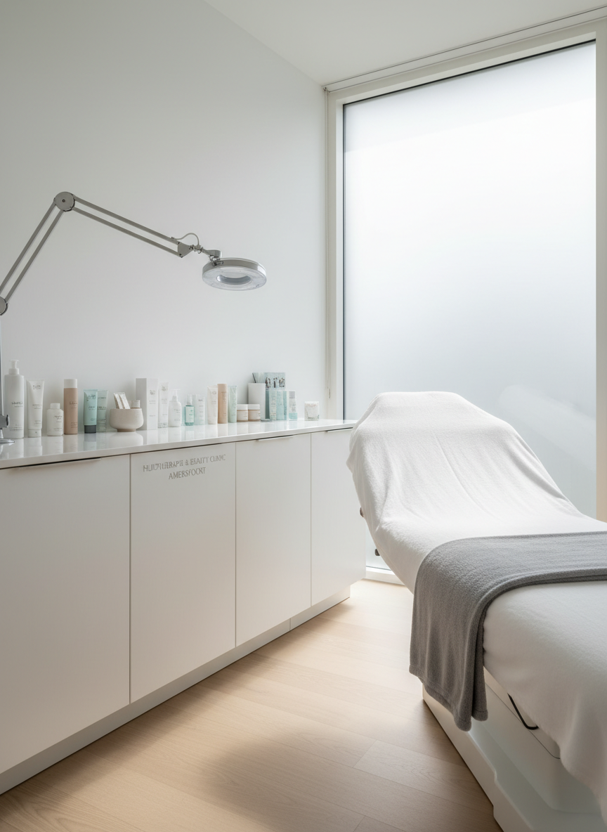 A serene, light-filled treatment room in a high-end skin therapy clinic, featuring a perfectly made white treatment bed with crisp linens and a soft gray blanket folded at the foot. Around it, sleek white cabinetry, neatly arranged skincare bottles, and a minimalist magnifying lamp convey clinical precision. Natural daylight pours through a large frosted window, creating diffused, gentle illumination and soft shadows that emphasize cleanliness. Shot at eye level with photographic realism, the composition uses the rule of thirds to balance the bed and cabinetry. The mood is calm, professional, and inviting, with a clean and modern aesthetic suitable for a huidtherapie and beauty clinic in Amersfoort.